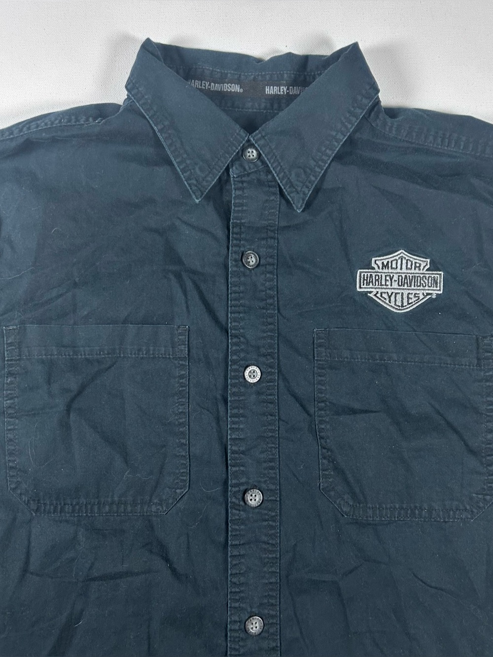 Vtg Harley Davidson Shirt Mens Lrg Mechanic Button Black Denim Embroidered Logo